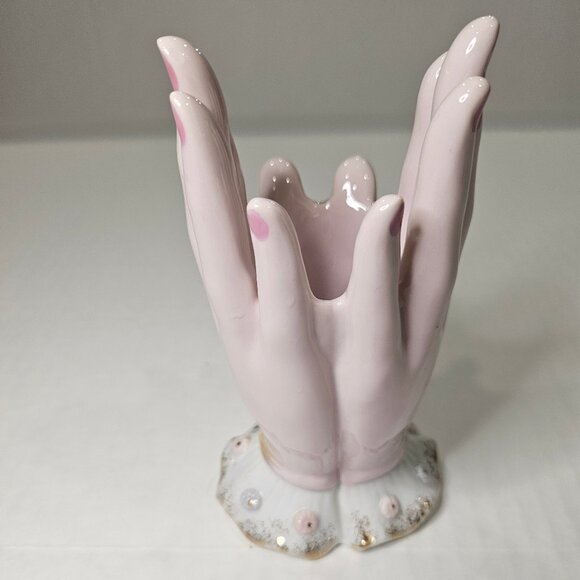 Vintage Glazed Porcelain Ladies Hands Vase Japan Hand Painted Pansy and Roses - Picture 1 of 9
